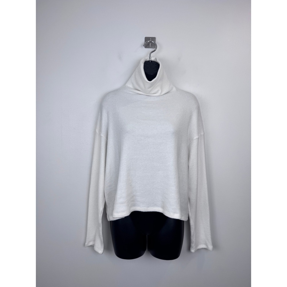 Enza Costa Women Ribbed Turtleneck Sweater White Long Sleeve Size Large